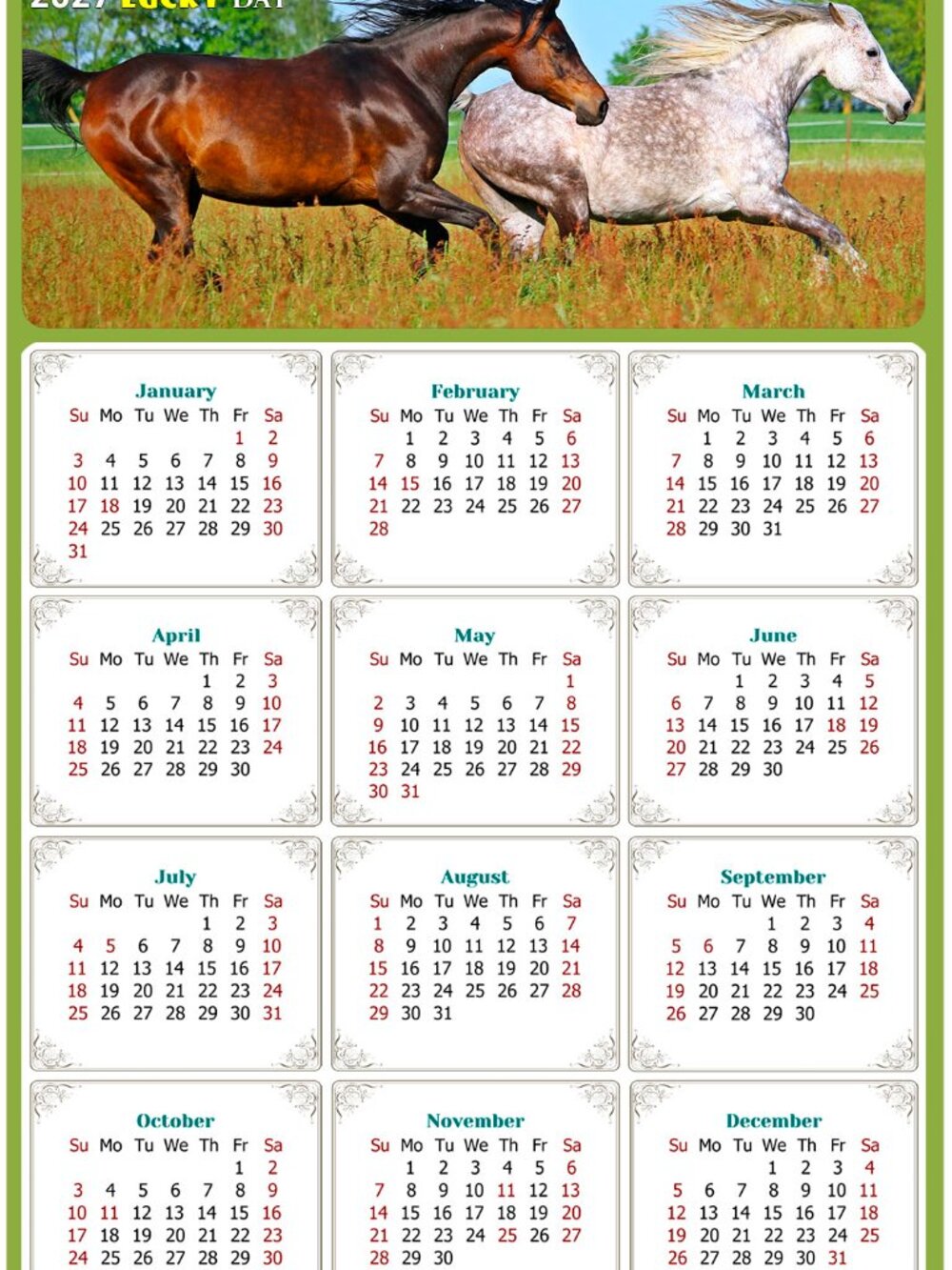 2027 Magnetic Calendar - Today is my Lucky Day - Horses Themed 03 (5.25 x 8)